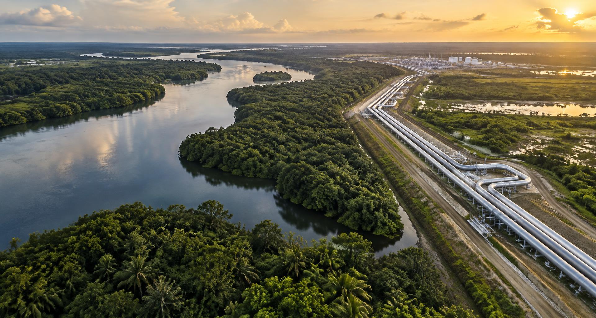 Oil and gas pipelines alongside mangrove waterways, illustrative landscape